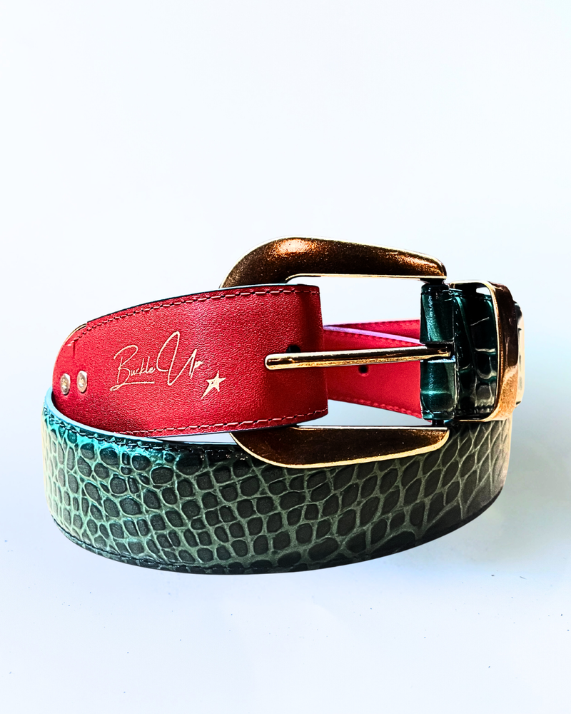 Belt with red inside and green crocodile-patterned sections on a white background