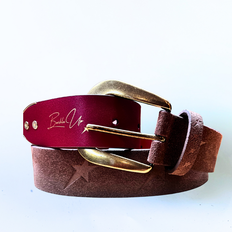 Brown suede leather belt with a star design and a gold buckle on a white background