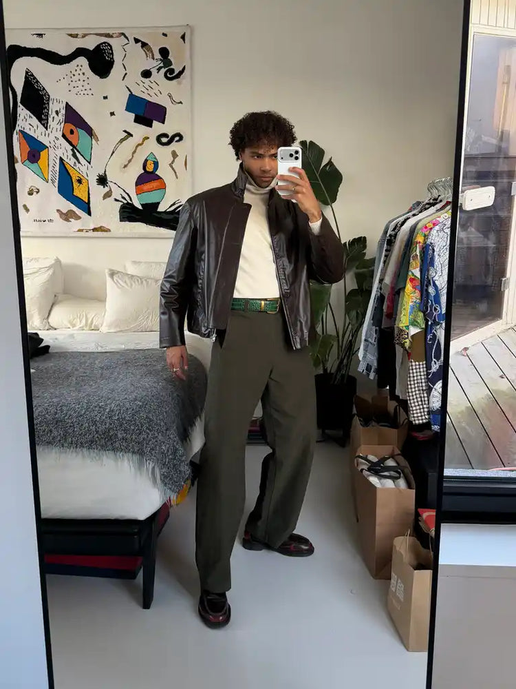 Aaron wearing the YUP CROCO green leather belt