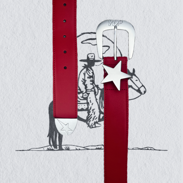 Red belt with a silver buckle featuring a star design on a white background with a cowboy illustration.