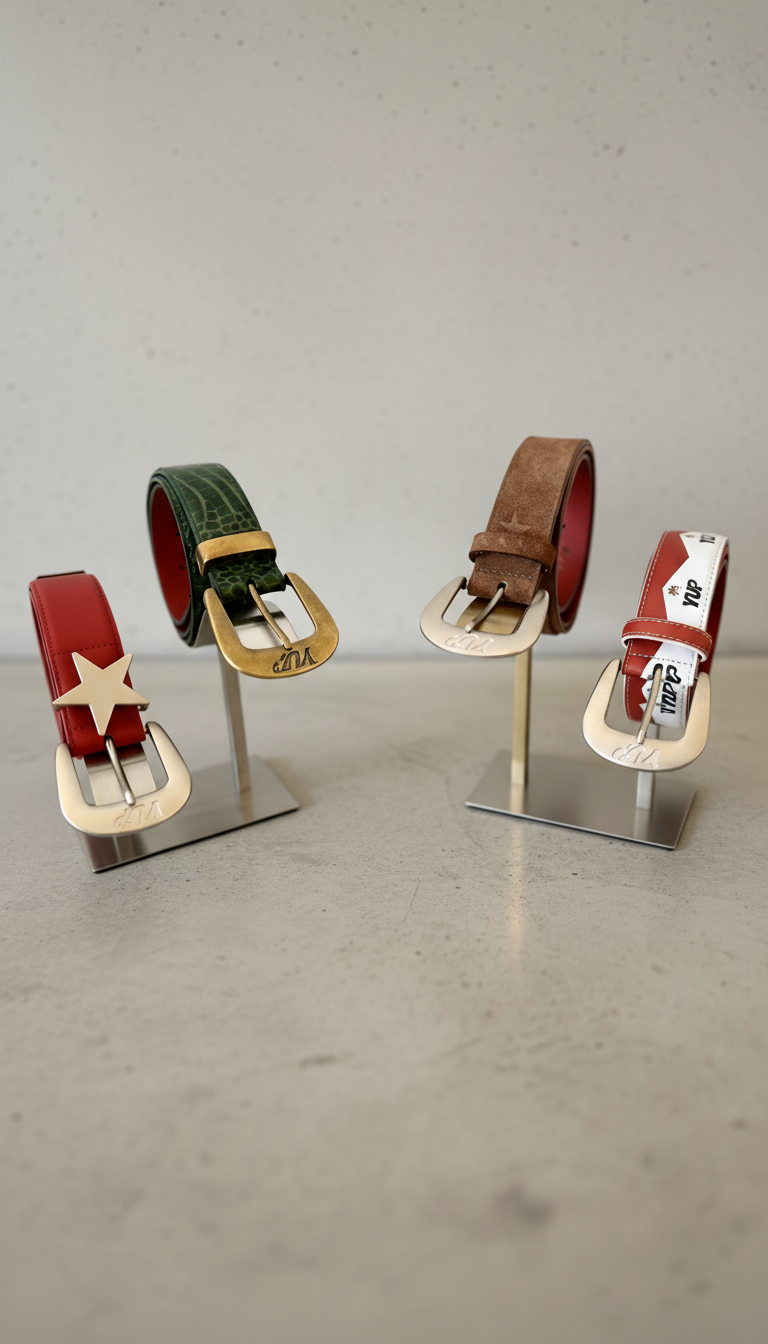 Four leather belts on stands against a plain background