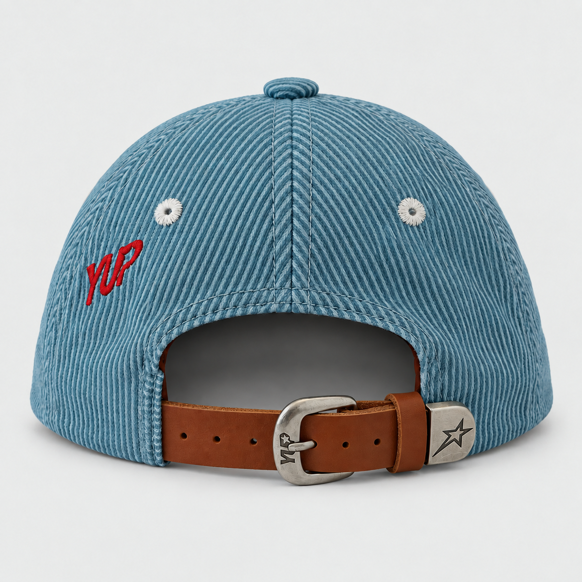 DAYDREAM blue six-panel cap — back view on light grey background