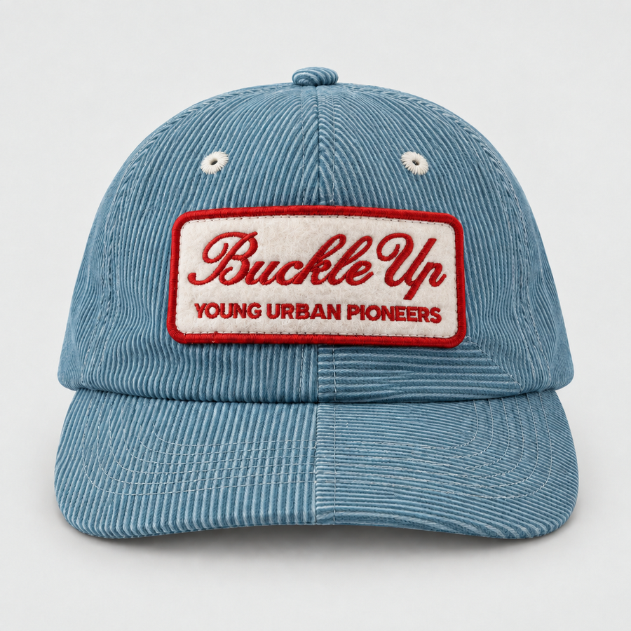 DAYDREAM blue six-panel cap — front view on light grey background